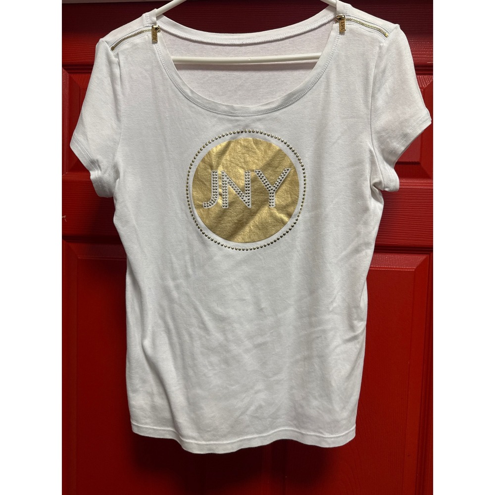 Jones New York JNY White Gold Foil Graphic Logo Studded Zipper Shoulder Tee L